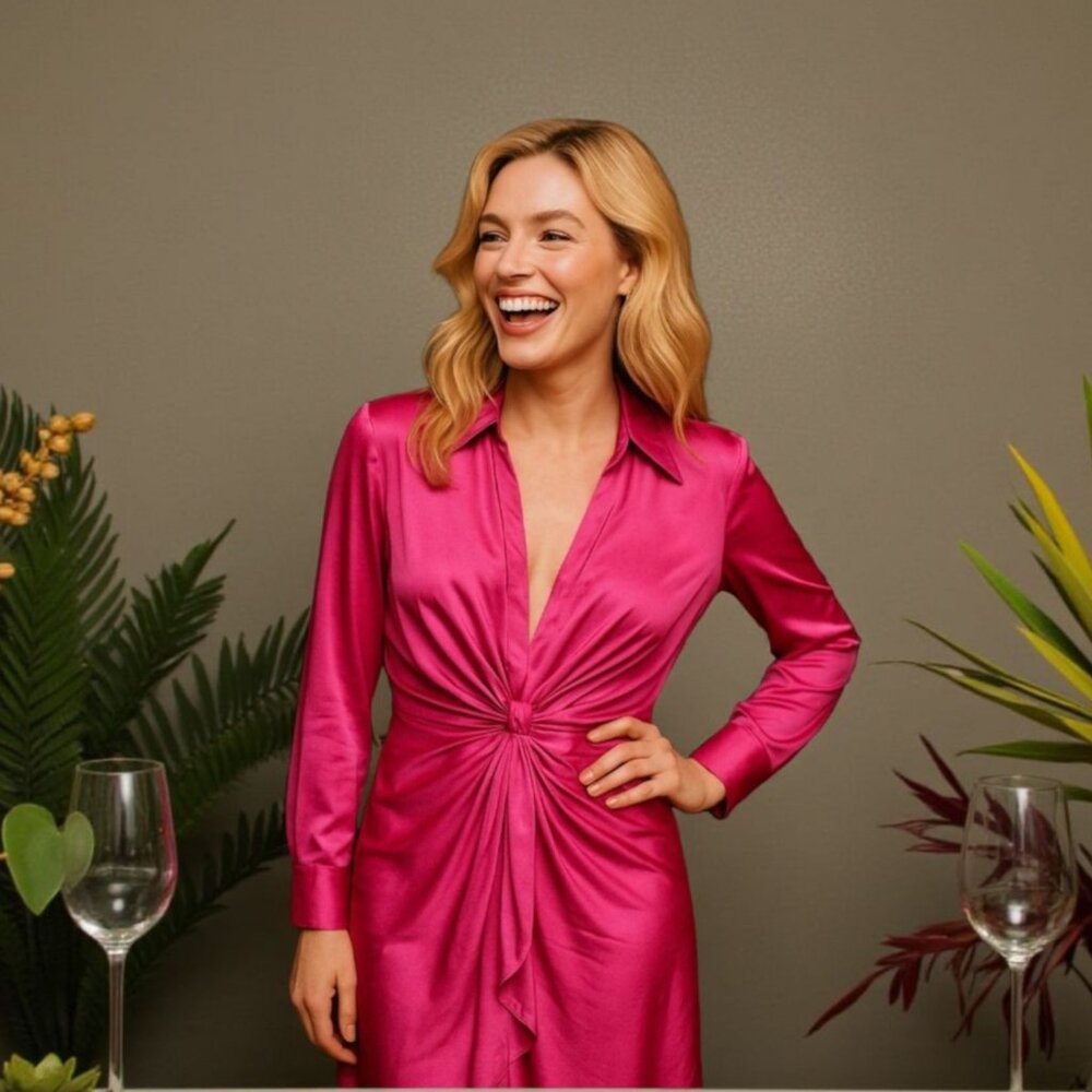 Hers & Mine Hot Pink Satin Tie Front Button Midi Dress Women’s Large Glam Luxe